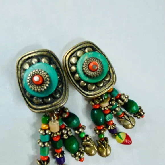 BOHO Clip On Earrings Dangles Multicolor Vintage Women Retro Jewelry Ethnic - Picture 7 of 16